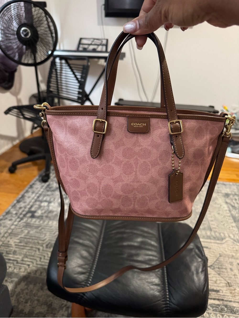 Coach Pink Signature Canvas Tote with Brown Leather Trim
